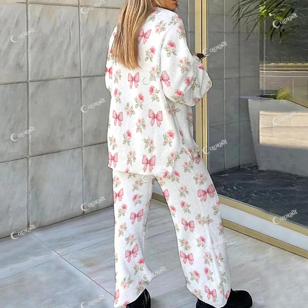 Colordate Flower And Bow Print Loungewear Set For Women