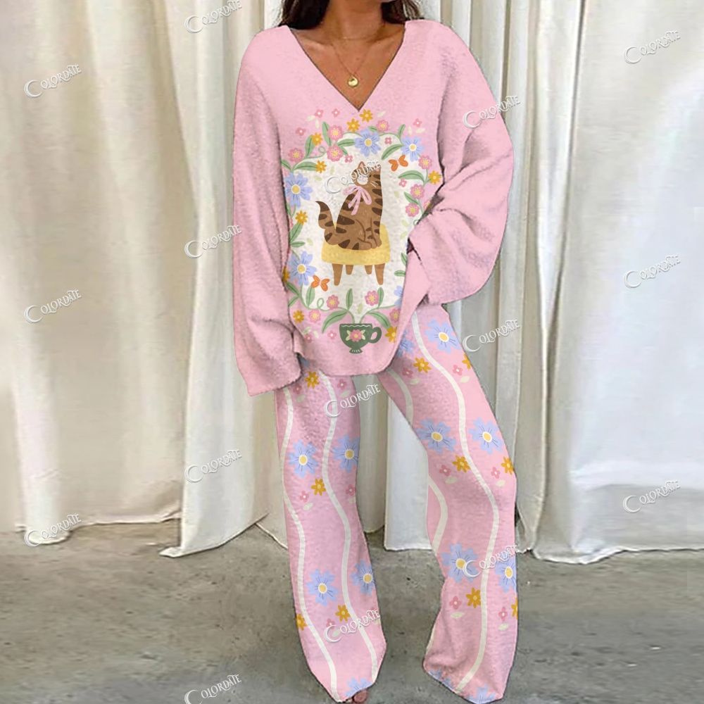 Colordate Cat And Flower Print Loungewear Set For Women