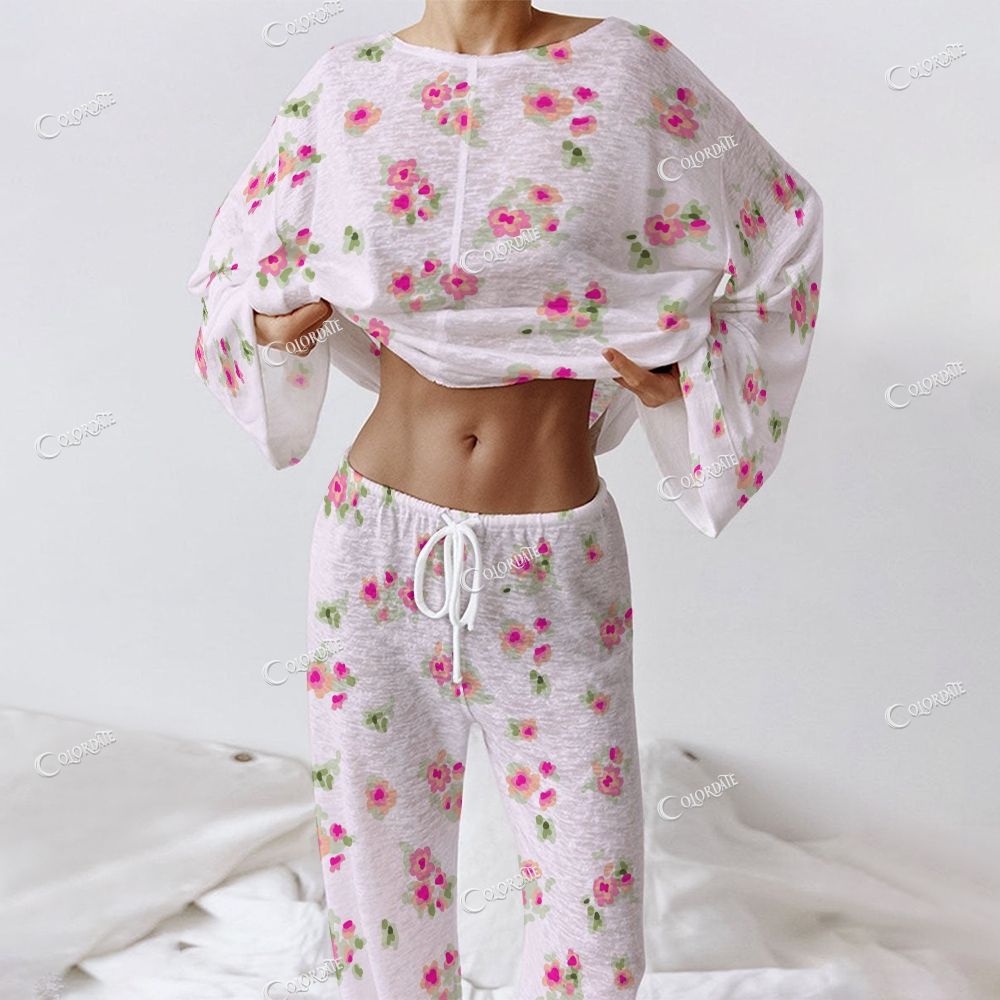 Colordate Women's Pink Flower Print Long Sleeve Cotton Homewear Set
