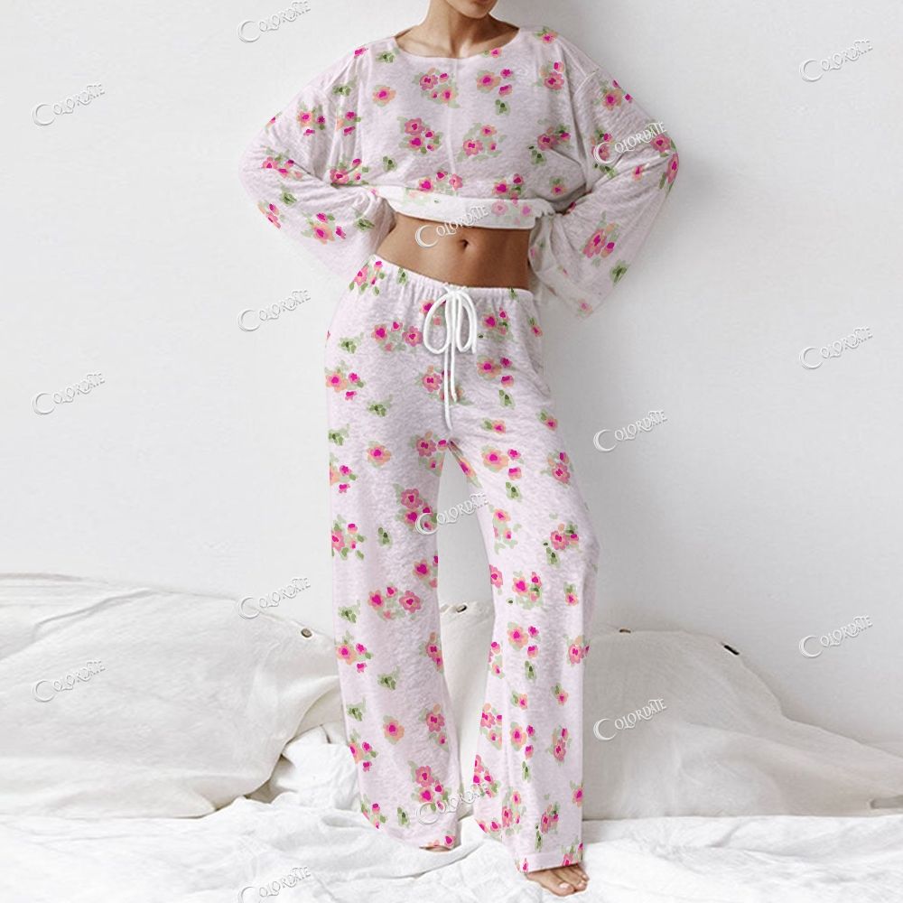 Colordate Women's Pink Flower Print Long Sleeve Cotton Homewear Set