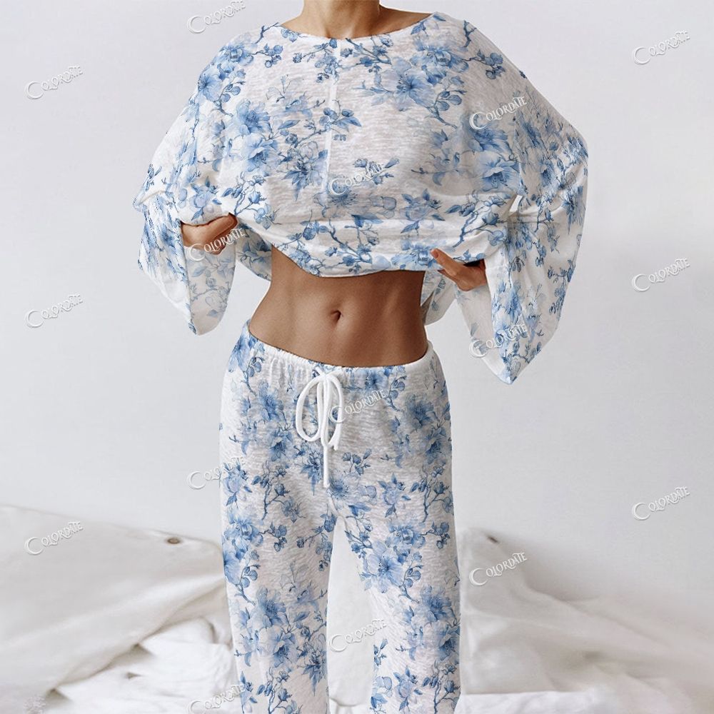 Colordate Women's Blue Flower Print Long Sleeve Cotton Homewear Set