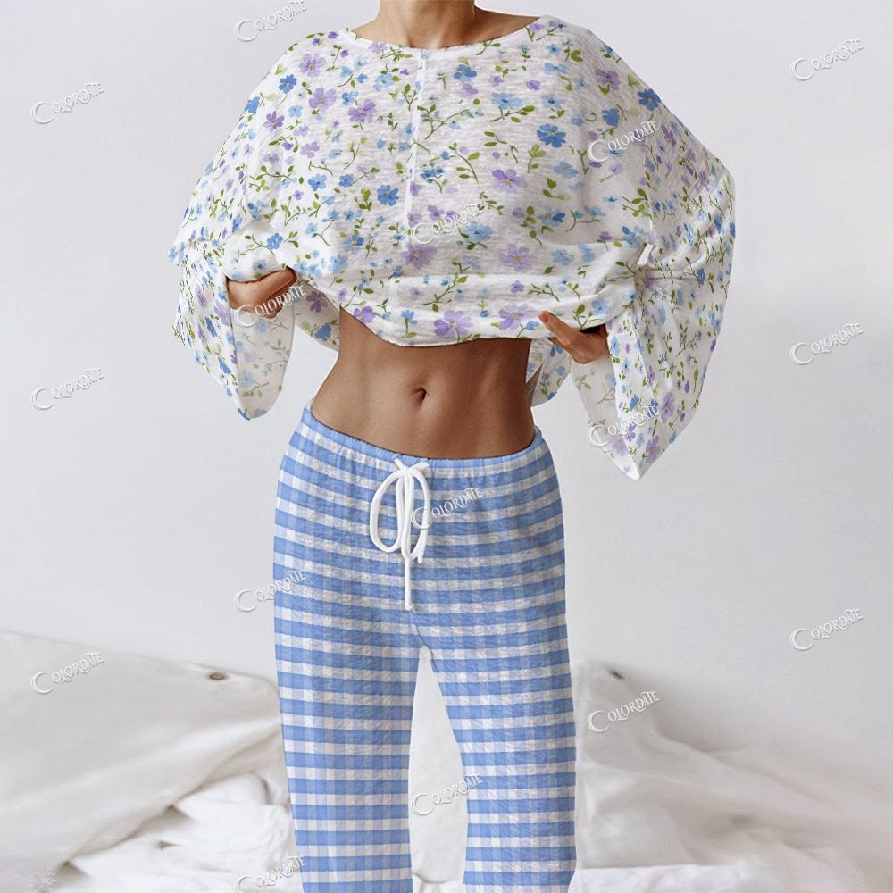 Colordate Women's Floral And Checkered Prints Long Sleeve Cotton Homewear Set