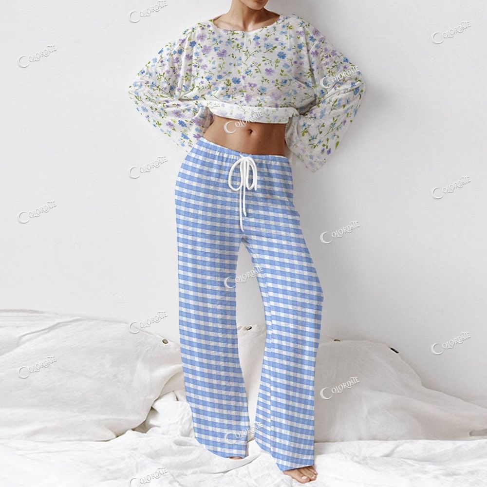 Colordate Women's Floral And Checkered Prints Long Sleeve Cotton Homewear Set