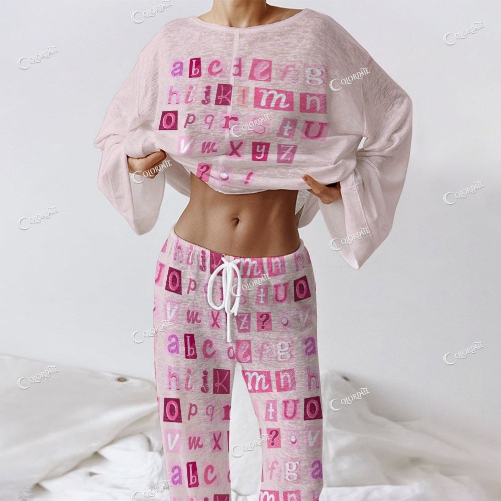 Colordate Women's Letter Print Long Sleeve Cotton Homewear Set