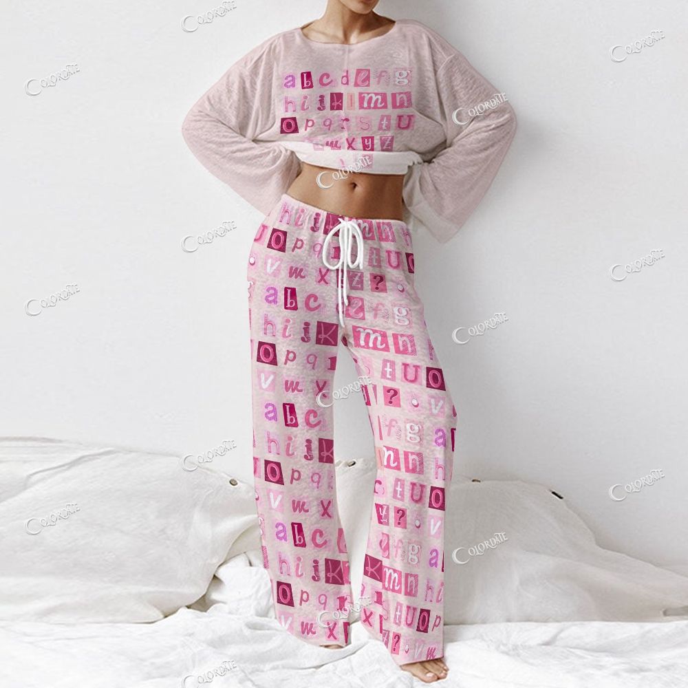 Colordate Women's Letter Print Long Sleeve Cotton Homewear Set