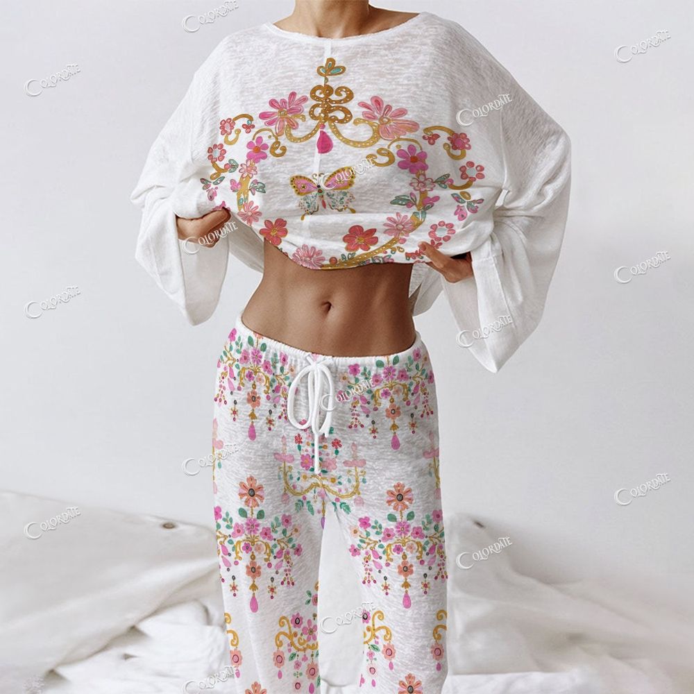 Colordate Women's Watercolor Floral Print Long Sleeve Cotton Homewear Set