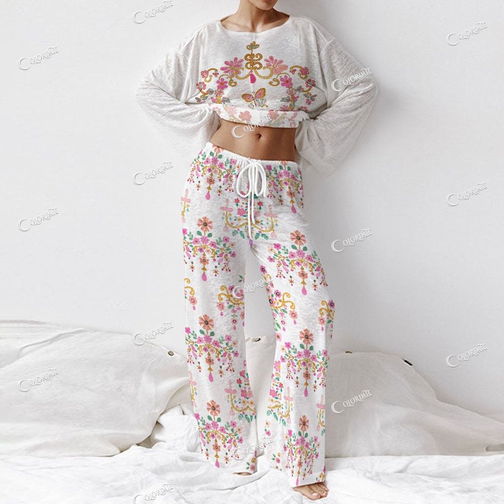 Colordate Women's Watercolor Floral Print Long Sleeve Cotton Homewear Set