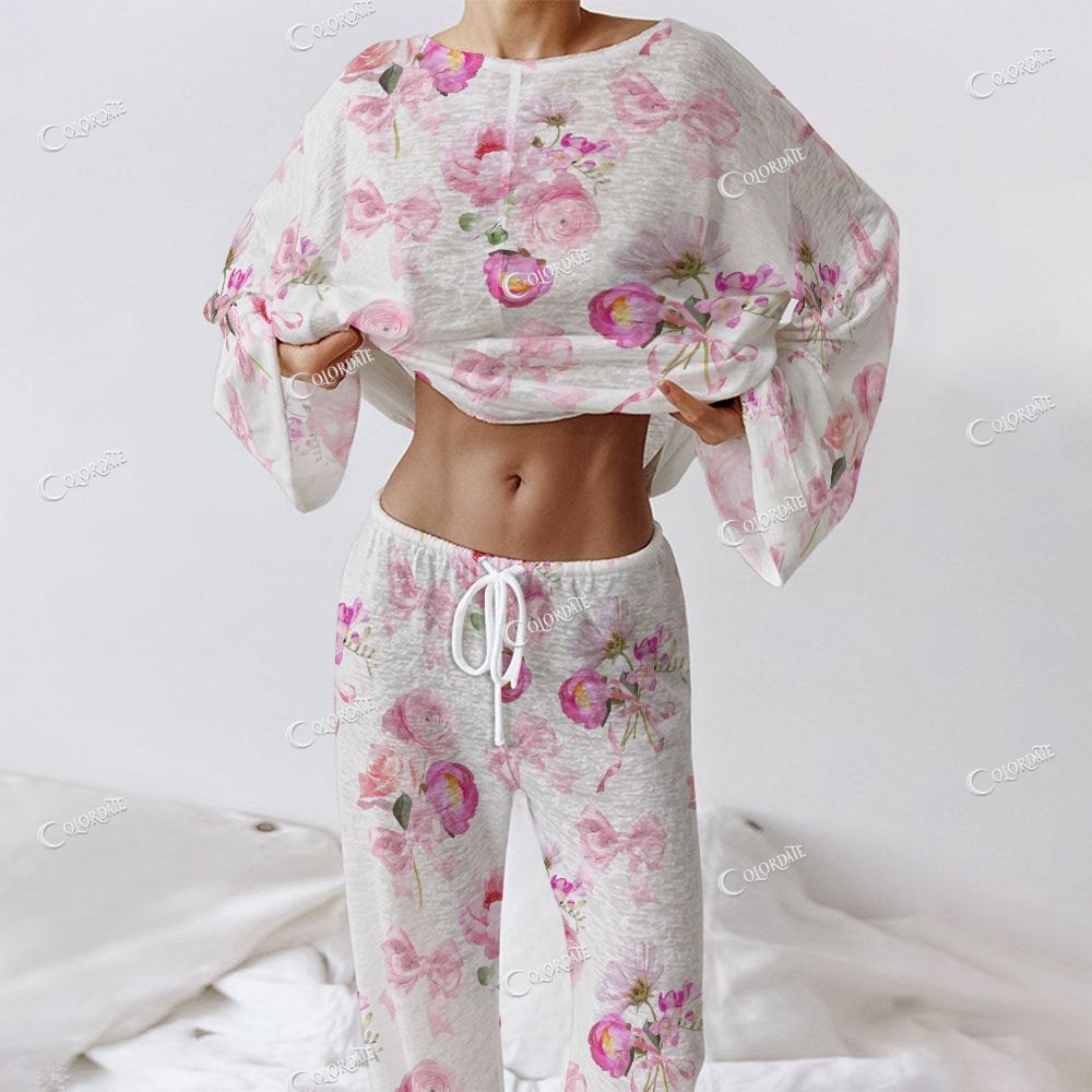 Colordate Women's Pink Flower And Bow Print Long Sleeve Cotton Homewear Set