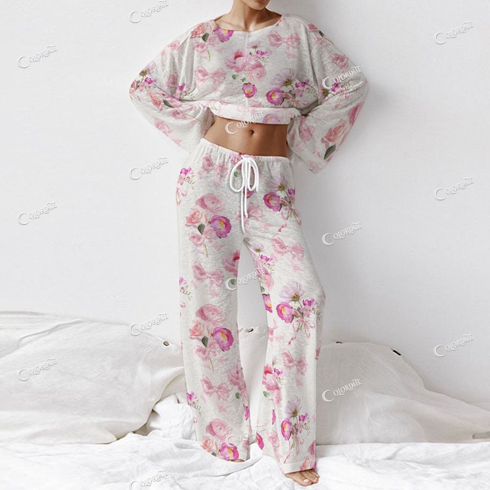 Colordate Women's Pink Flower And Bow Print Long Sleeve Cotton Homewear Set
