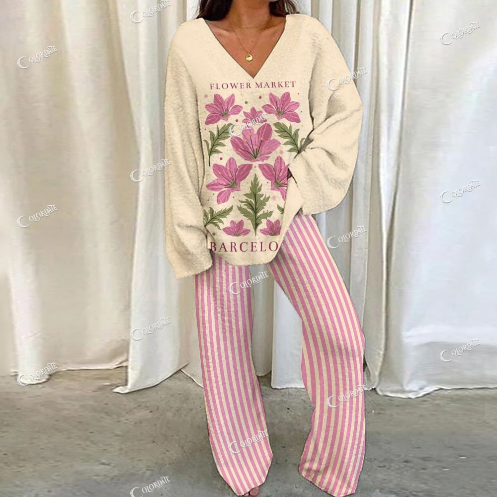 Colordate Flower Print Loungewear Set For Women