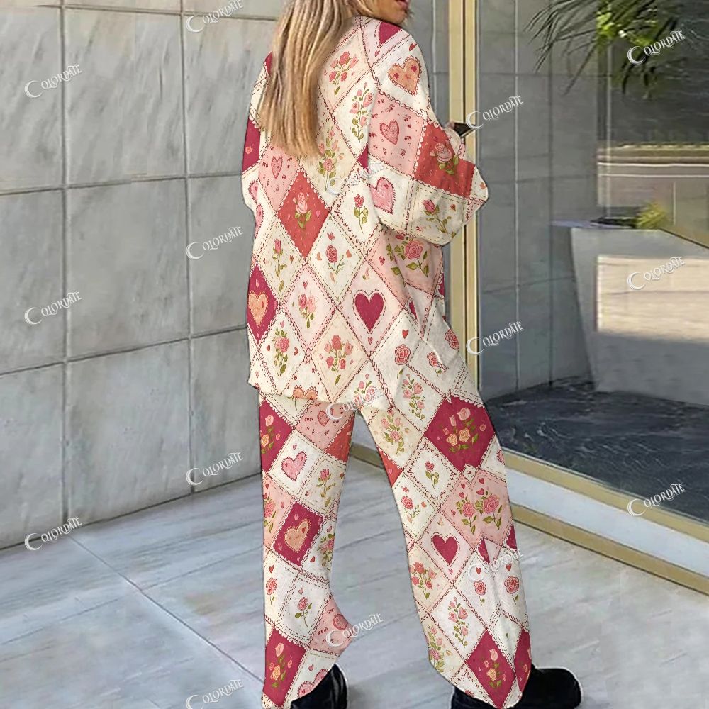 Colordate Rose And Heart Patchwork Print Loungewear Set For Women