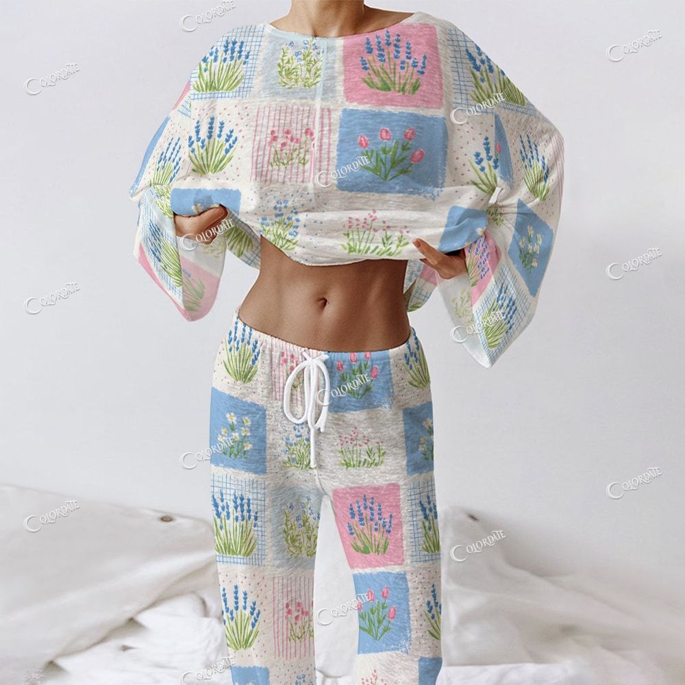 Colordate Women's Floral Patchwork Print Long Sleeve Cotton Homewear Set