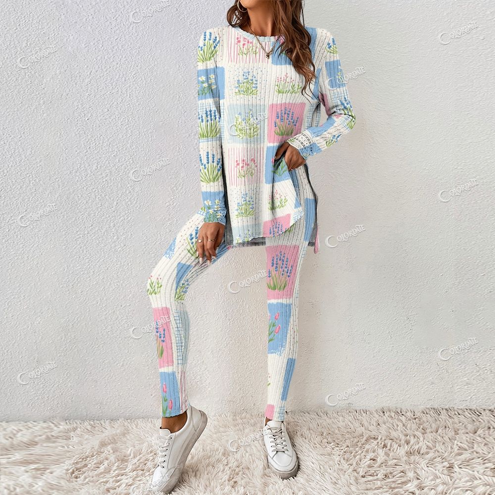 Colordate Women's Floral Patchwork Print Long Sleeve Suit