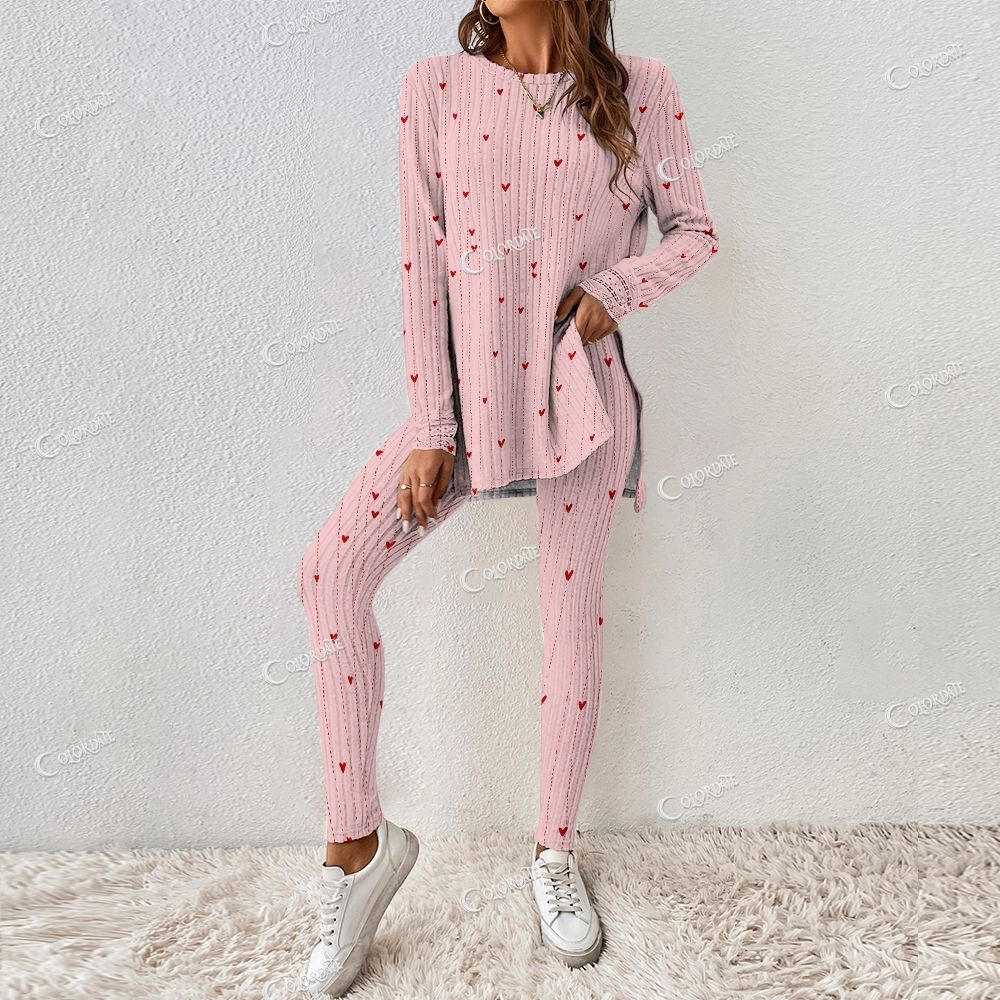 Colordate Women's Red Heart Print Long Sleeve Suit