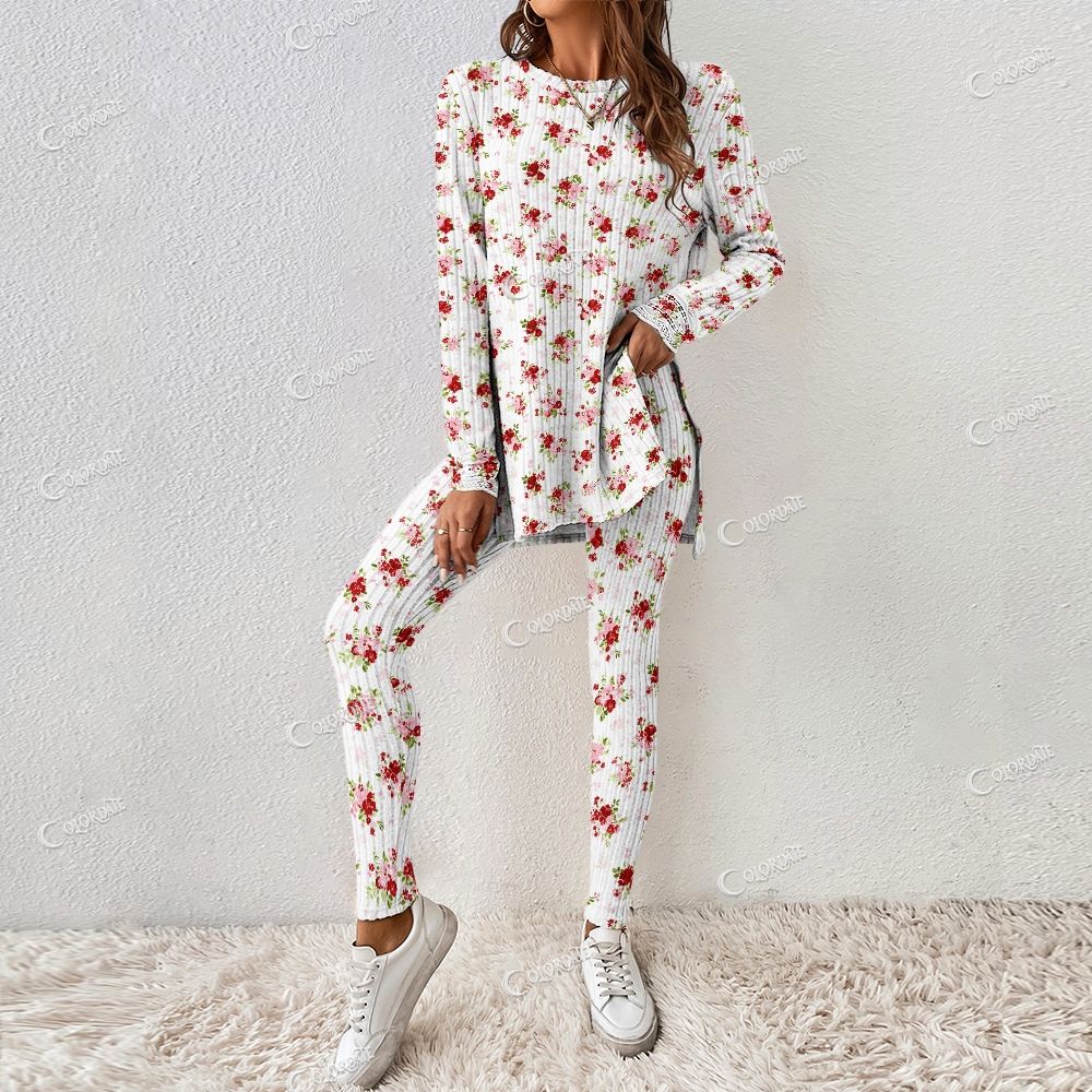 Colordate Women's Red Flower Print Long Sleeve Suit