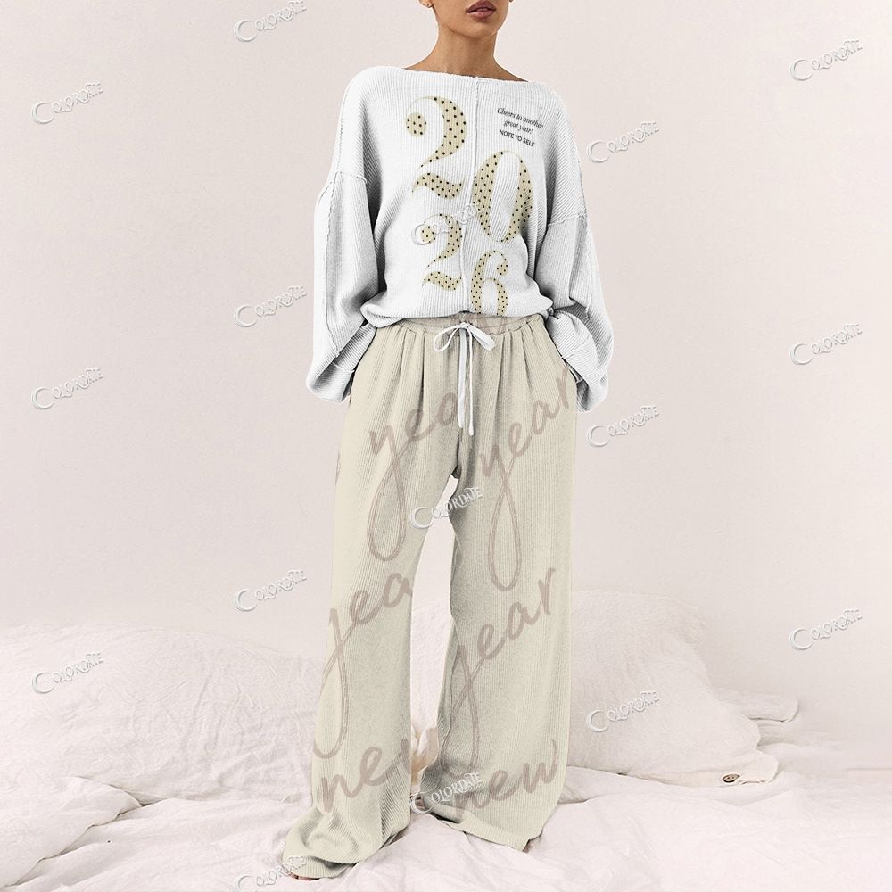 Women's Gold Pattern & Beige Print Long Sleeve Pajama Set