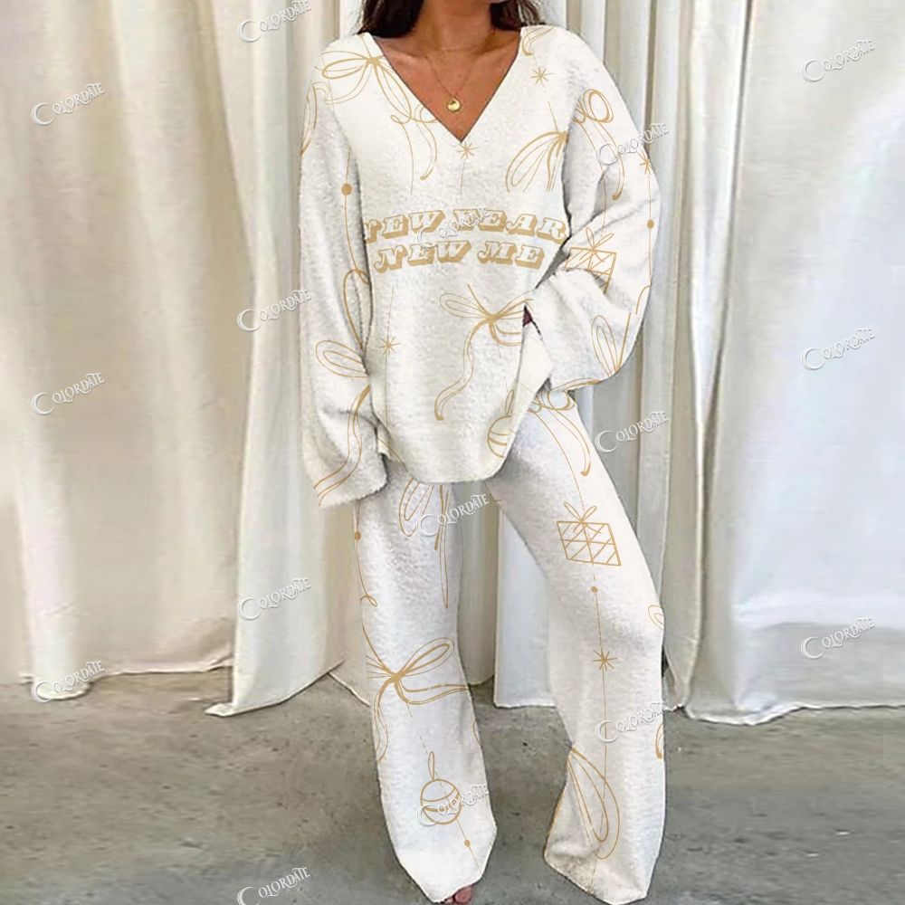 Gold Pattern & Gold Print Loungewear Set For Women