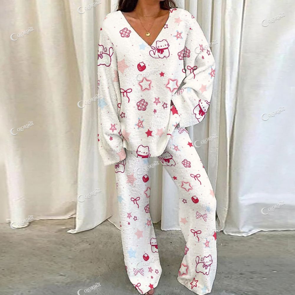 Colordate Cute Cat Print Loungewear Set For Women
