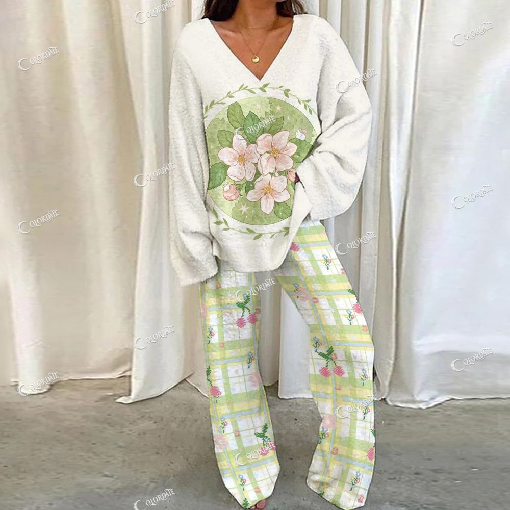Colordate Watercolor Floral Print Loungewear Set For Women