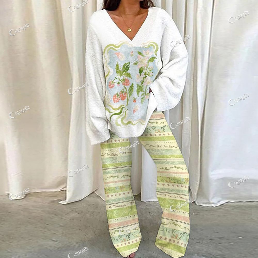 Colordate Watercolor Floral Print Loungewear Set For Women
