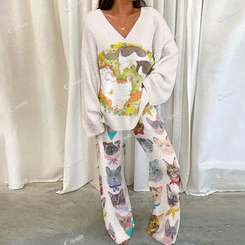 Colordate Cute Cat Print Loungewear Set For Women