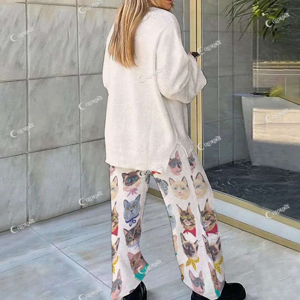 Colordate Cute Cat Print Loungewear Set For Women
