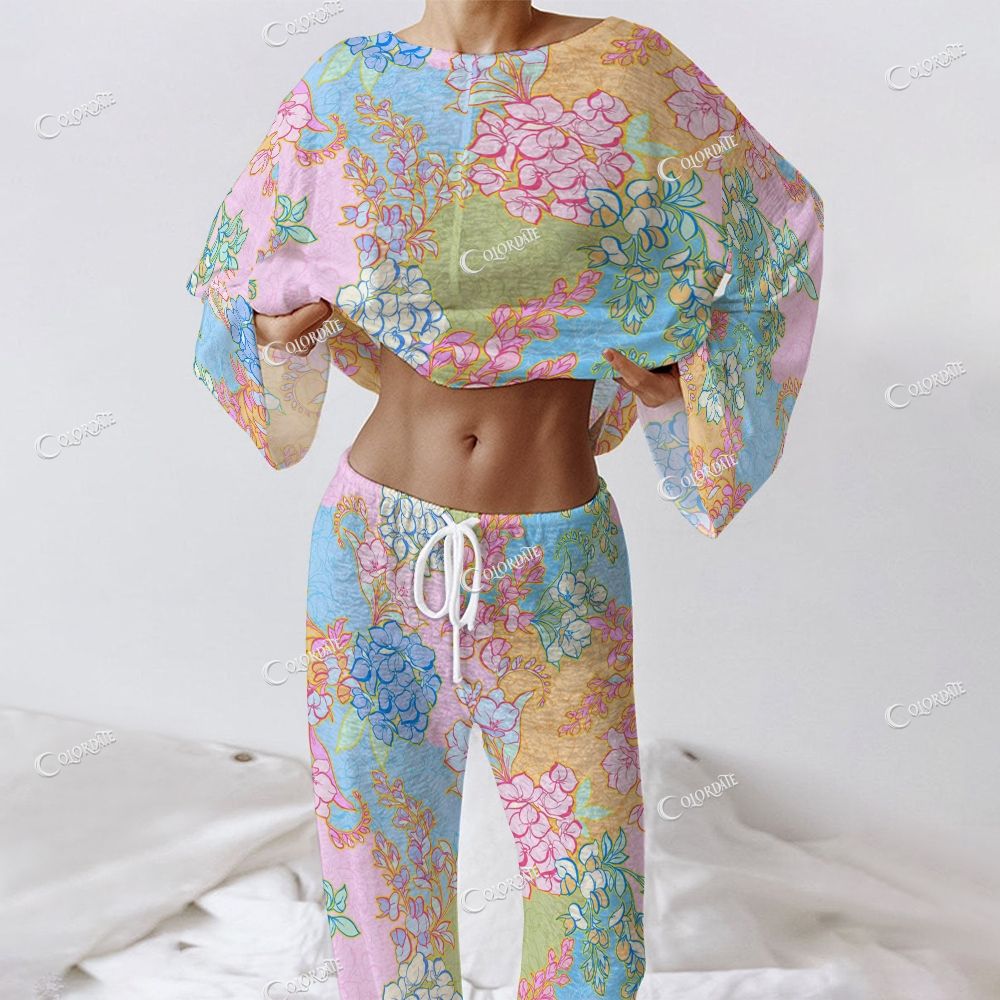 Colordate Women's Flower Print Long Sleeve Cotton Homewear Set