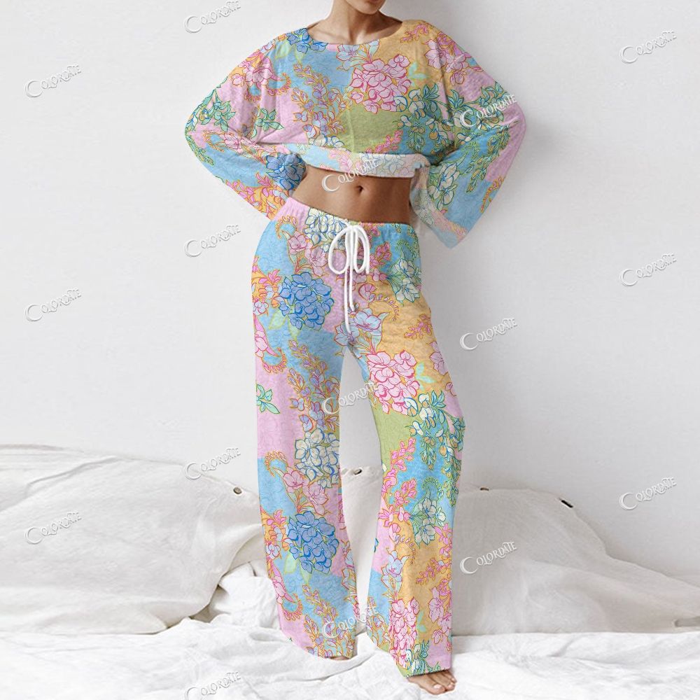 Colordate Women's Flower Print Long Sleeve Cotton Homewear Set