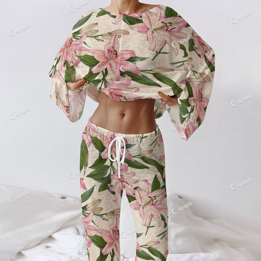 Colordate Women's Lily Print Long Sleeve Cotton Homewear Set