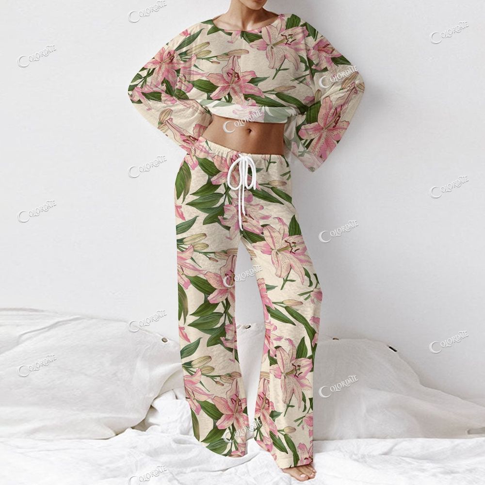 Colordate Women's Lily Print Long Sleeve Cotton Homewear Set