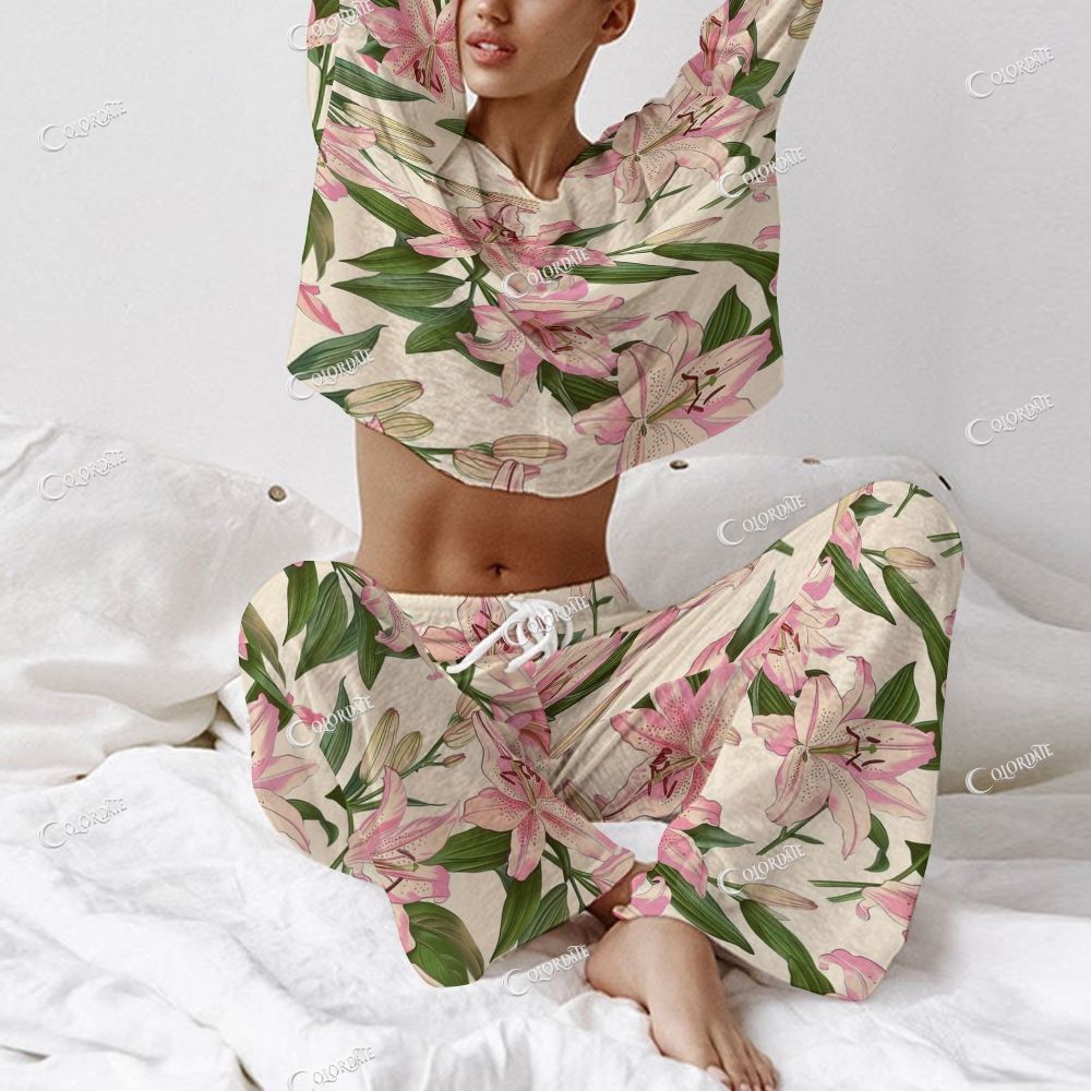 Colordate Women's Lily Print Long Sleeve Cotton Homewear Set