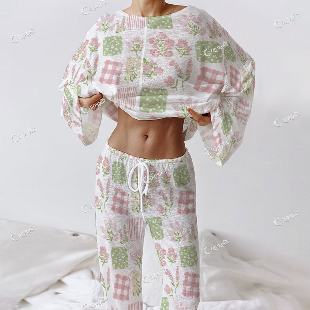 Colordate Women's Flower Print Long Sleeve Cotton Homewear Set