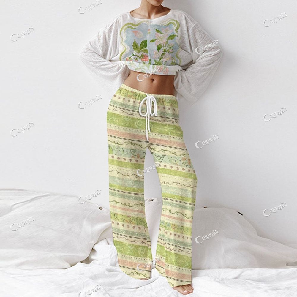 Colordate Women's Watercolor Floral Print Long Sleeve Cotton Homewear Set