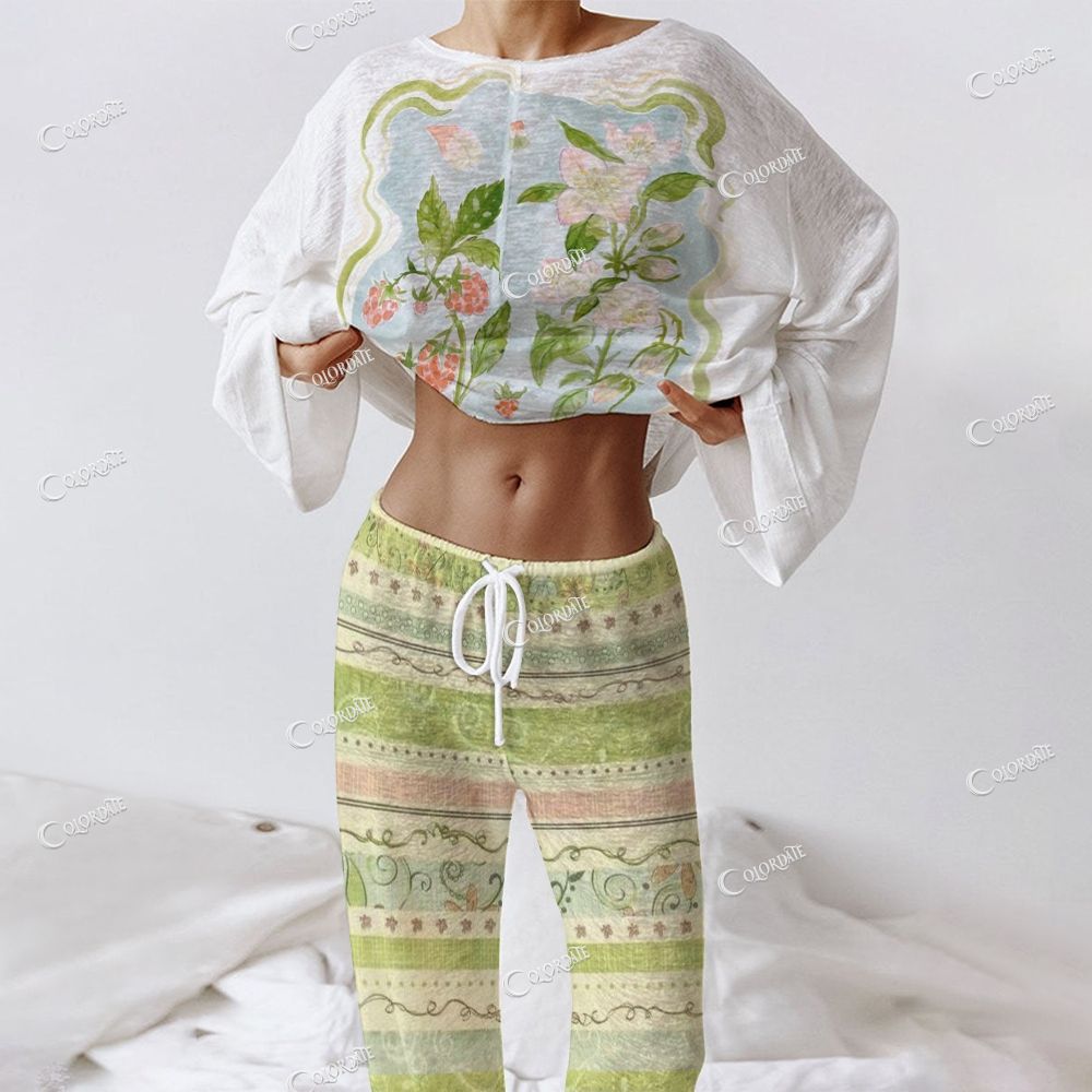 Colordate Women's Watercolor Floral Print Long Sleeve Cotton Homewear Set