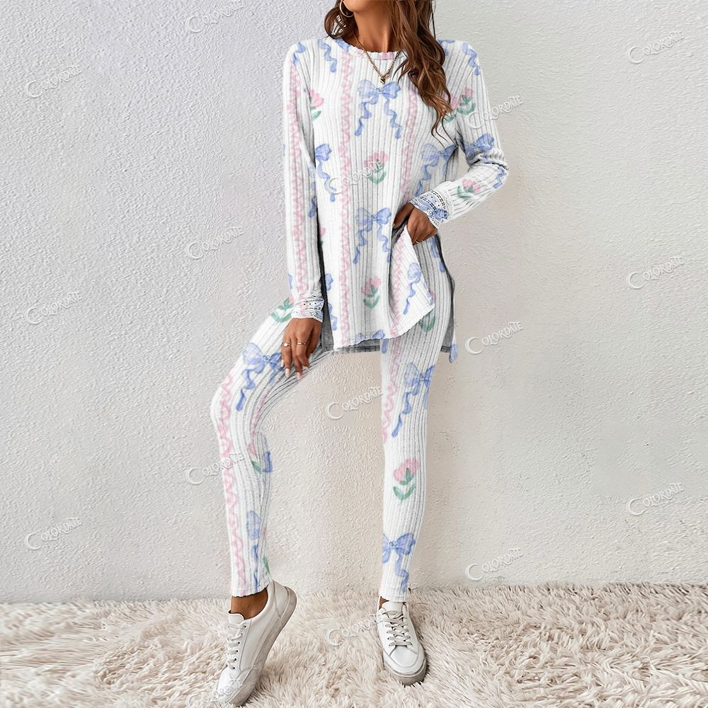Women's White & Blue Striped Floral Long Sleeve Suit