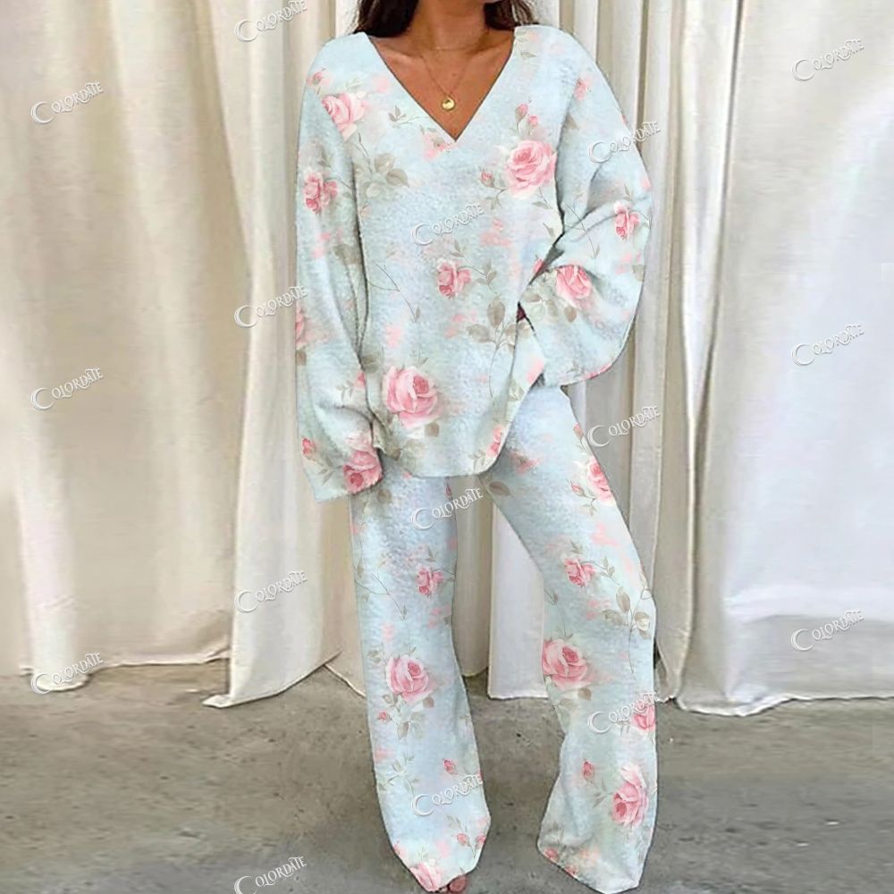 Light Blue & Pink Floral Loungewear Set For Women