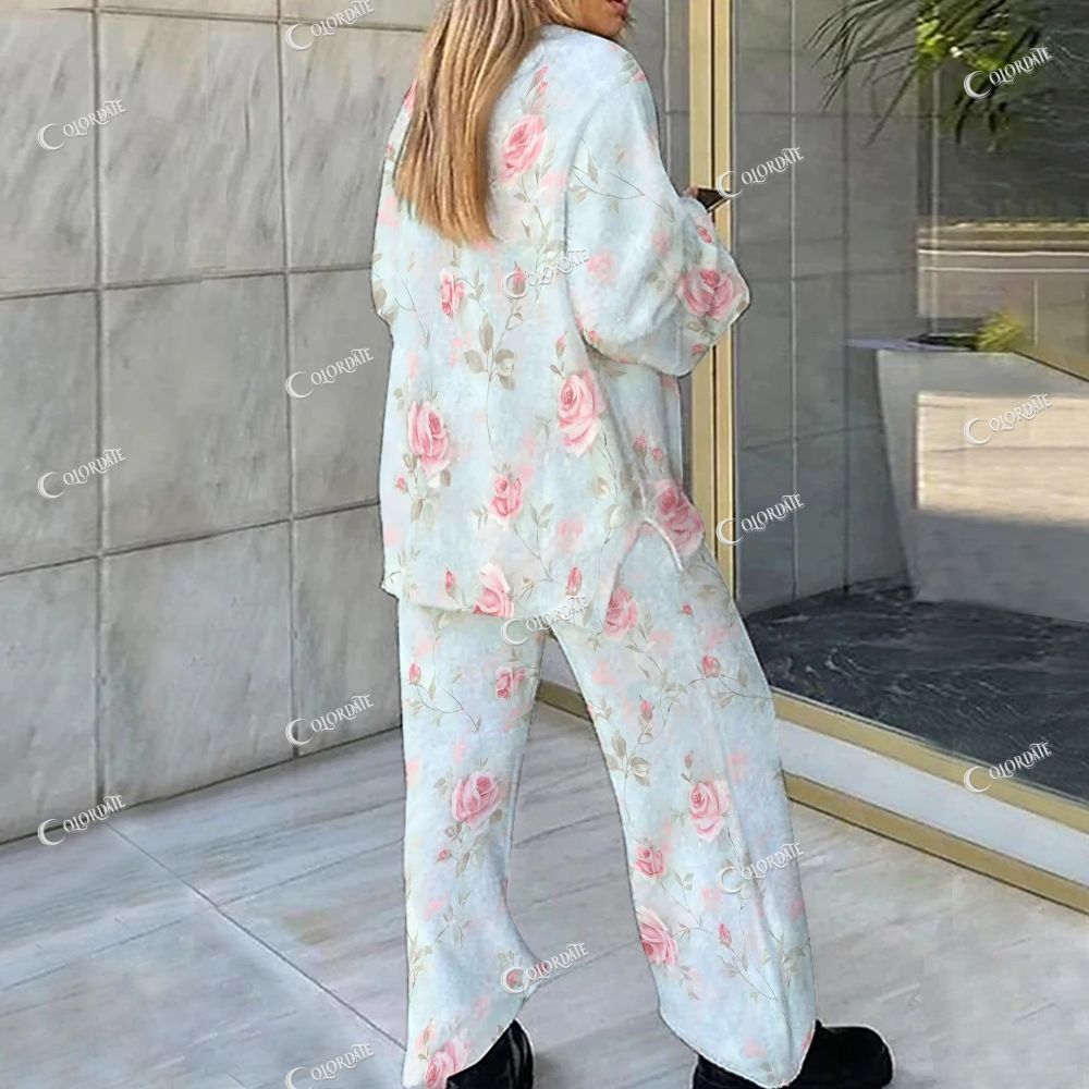 Light Blue & Pink Floral Loungewear Set For Women