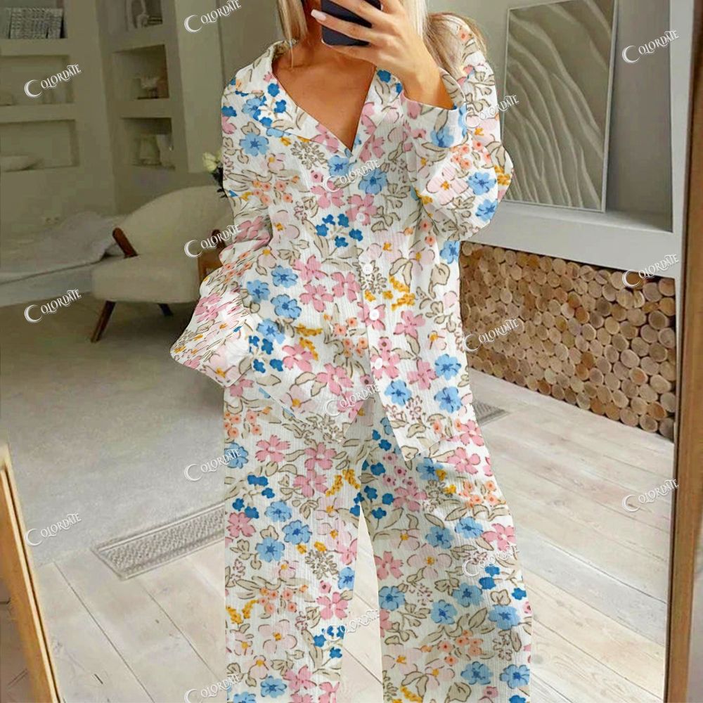 Women's White & Multicolor Floral Print Cotton Cardigan Homewear Set