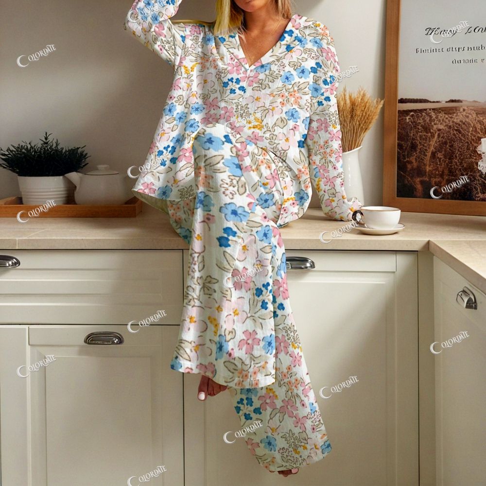 Women's White & Multicolor Floral Print Cotton Cardigan Homewear Set