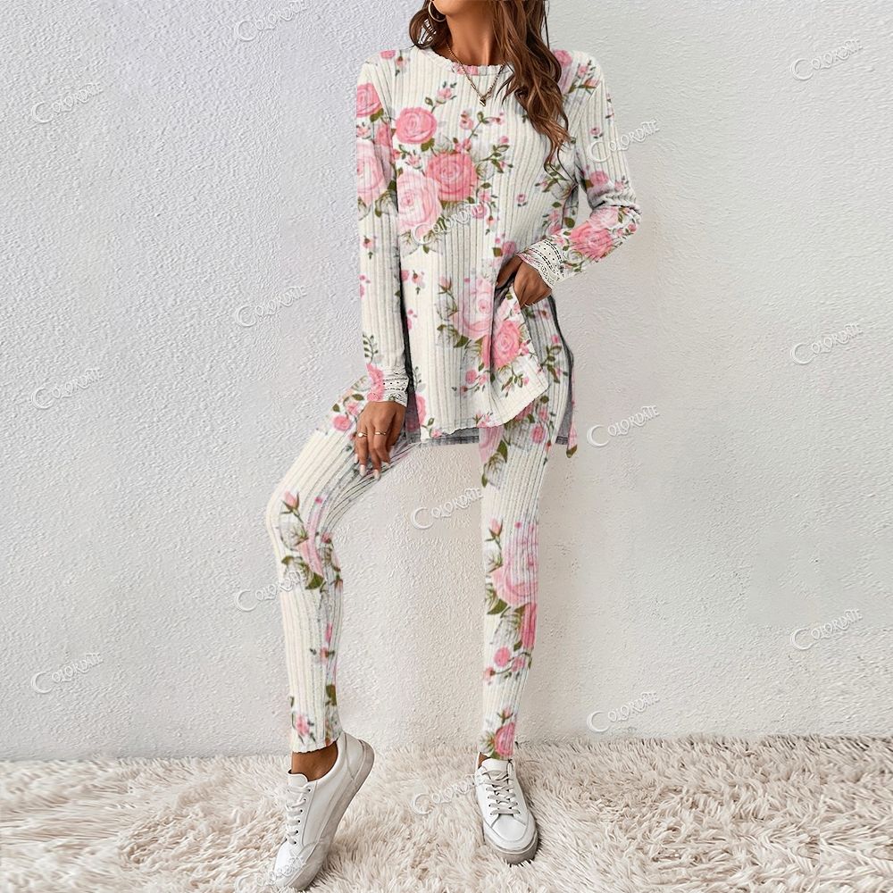 Women's White & Pink Floral Ribbed Long Sleeve Suit