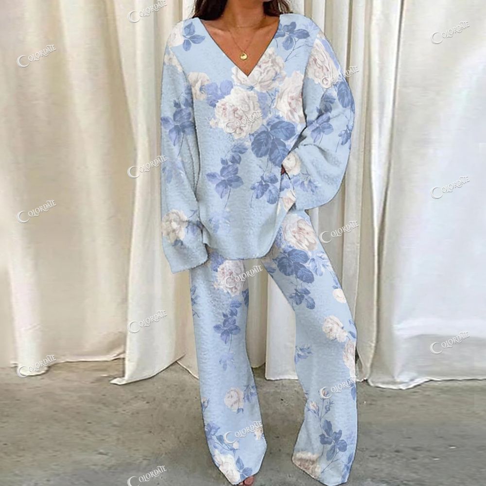 Light Blue Floral Loungewear Set For Women
