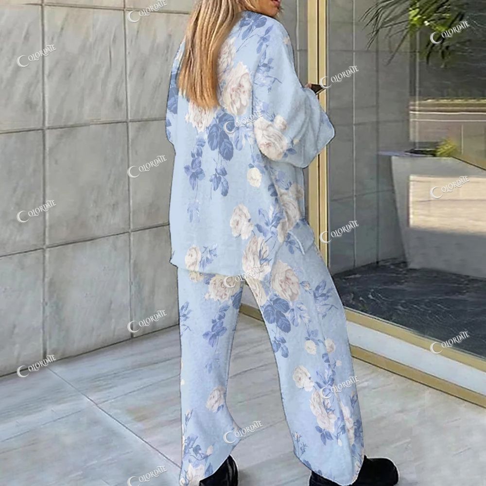 Light Blue Floral Loungewear Set For Women