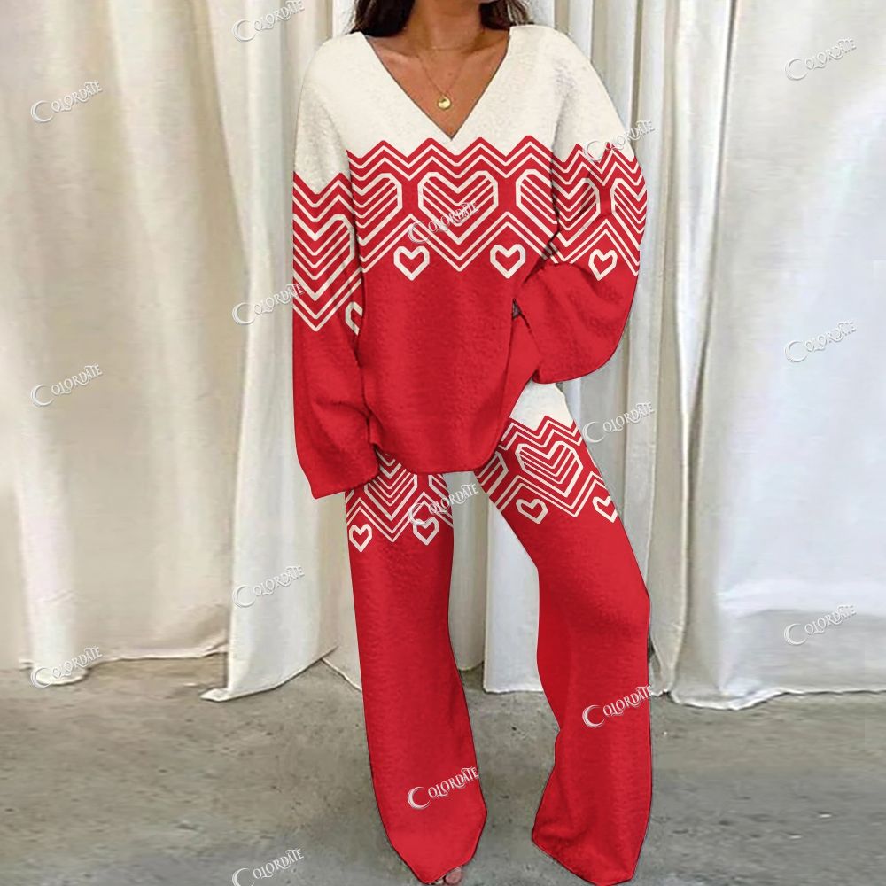 Colordate Heart Print Loungewear Set For Women