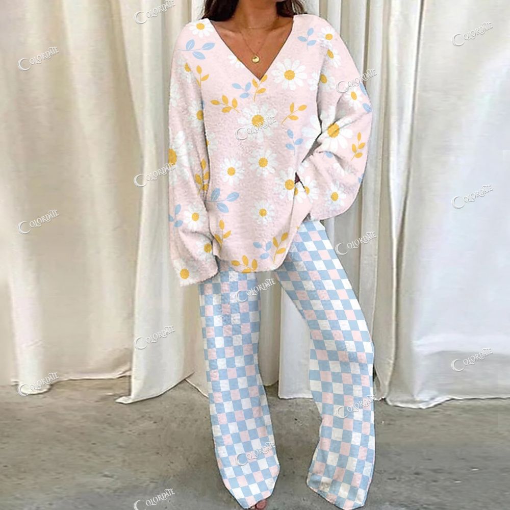 Colordate Floral And Checkered Prints Loungewear Set For Women