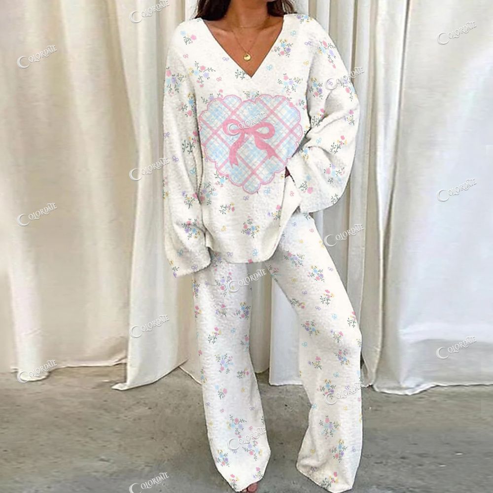 Colordate Flower And Bow Print Loungewear Set For Women