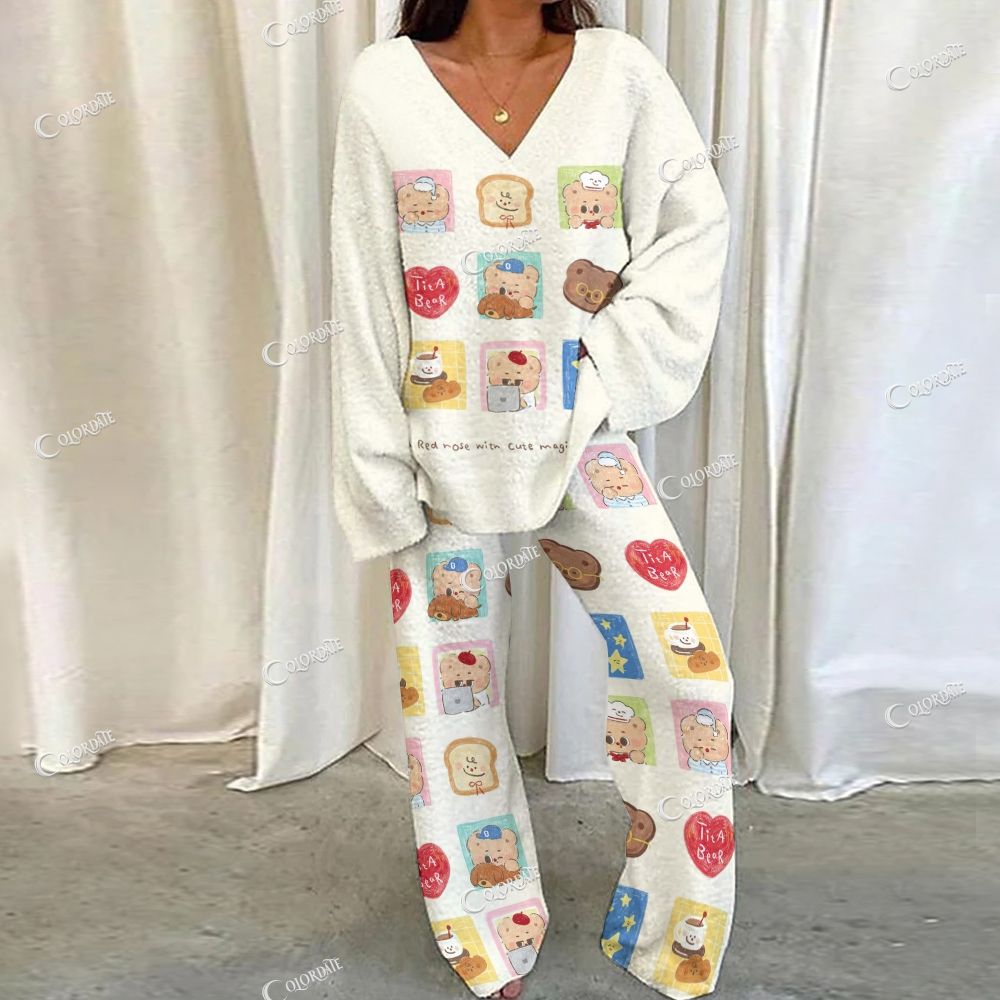 Colordate Cute Bear Print Loungewear Set For Women