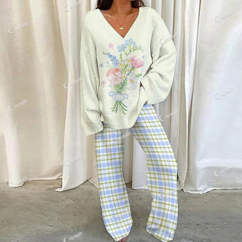 Colordate Flower Print Loungewear Set For Women