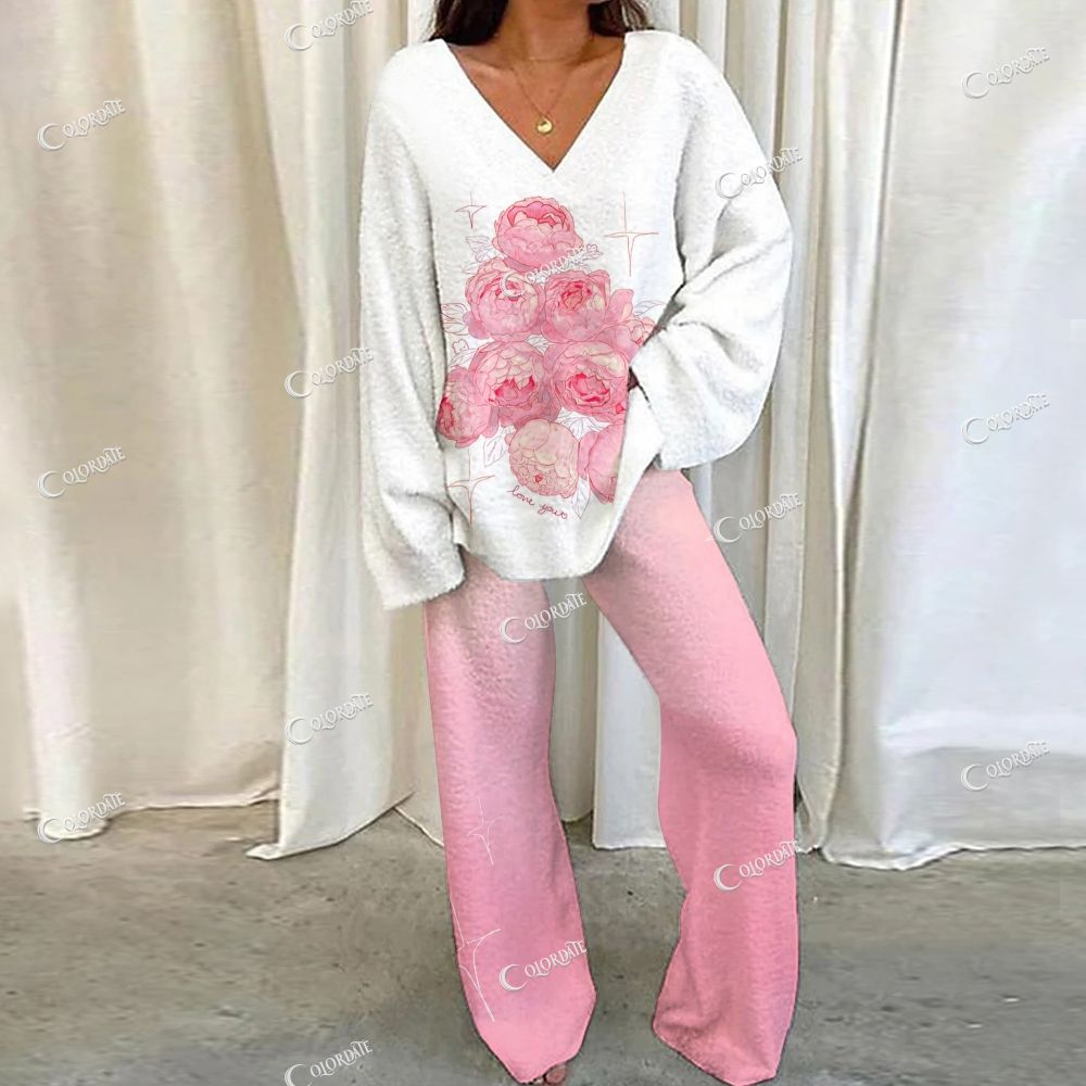 Colordate Pink Flower Print Loungewear Set For Women