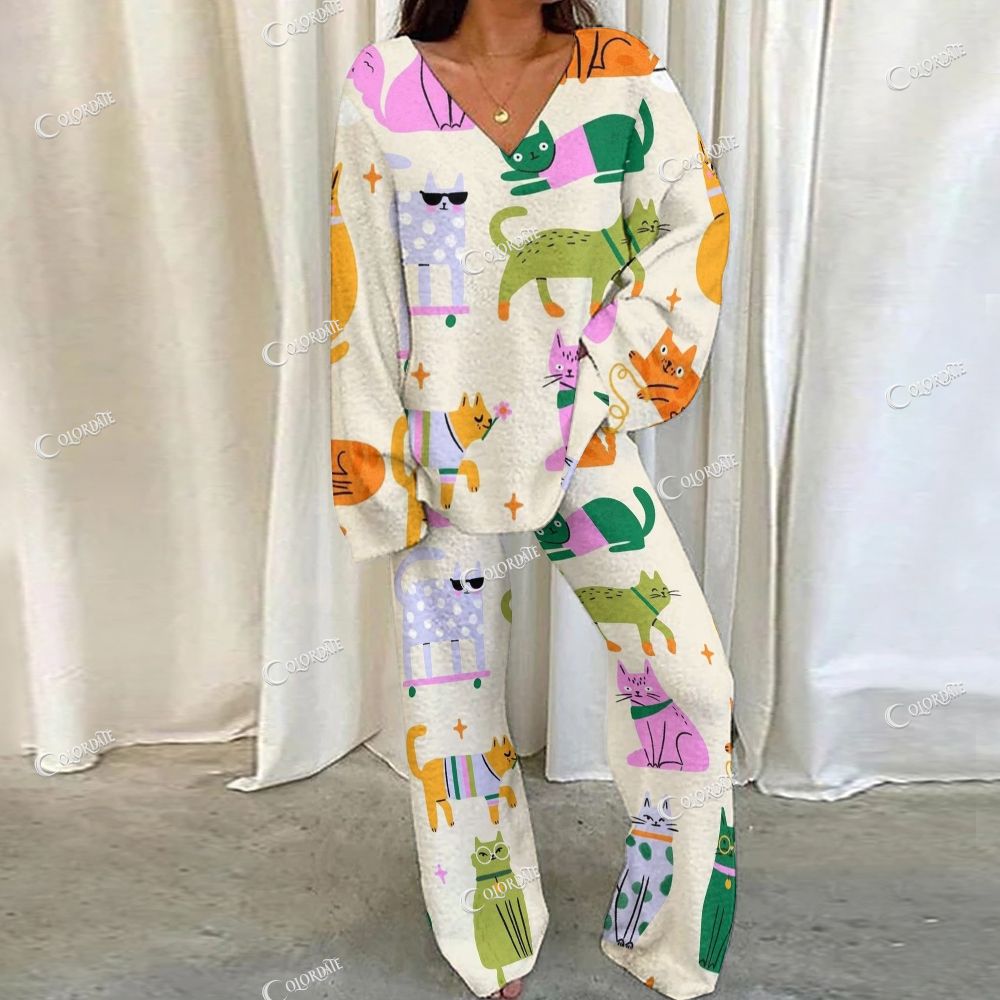 Colordate Cat Print Loungewear Set For Women