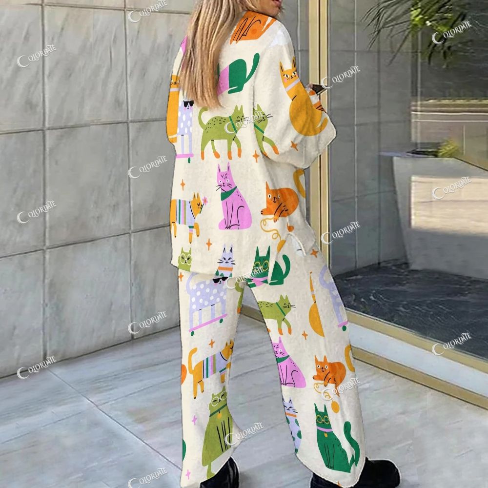 Colordate Cat Print Loungewear Set For Women